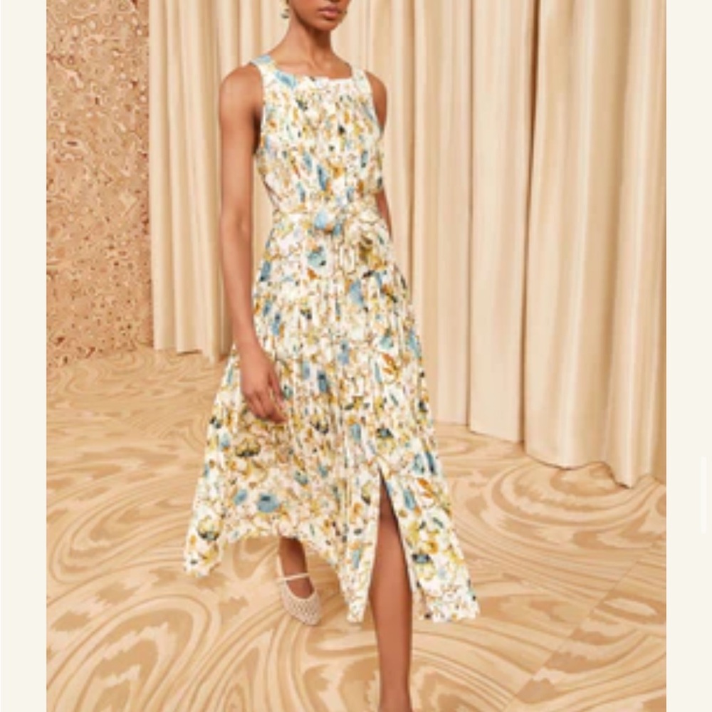 Ulla Johnson Silk Floral Midi Annabeth Dress in Cream and Blue